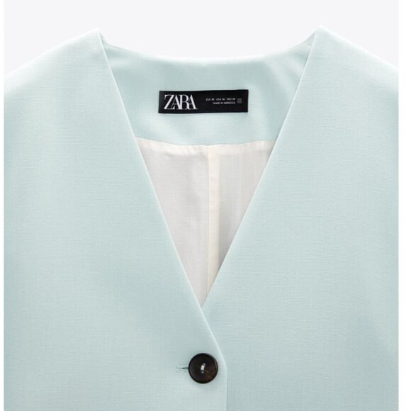 New XS relaxed ZARA Colarless V-neck Vest Flap Pocket Seafoam Green Button Lapel - Picture 2 of 7